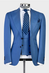 Modern Blue 3-pieces Peaked Lapel Men Suits For Business