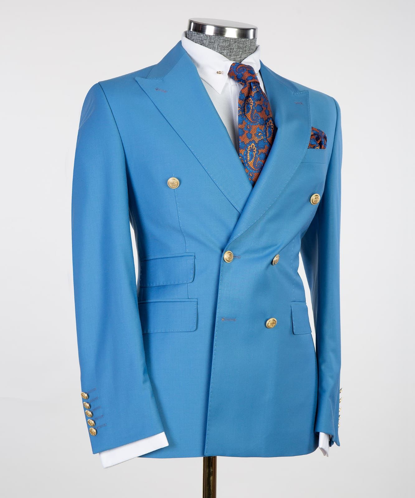 Modern Blue Double Breasted Peaked Lapel Business Men Suits