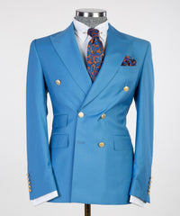 Modern Blue Double Breasted Peaked Lapel Business Men Suits