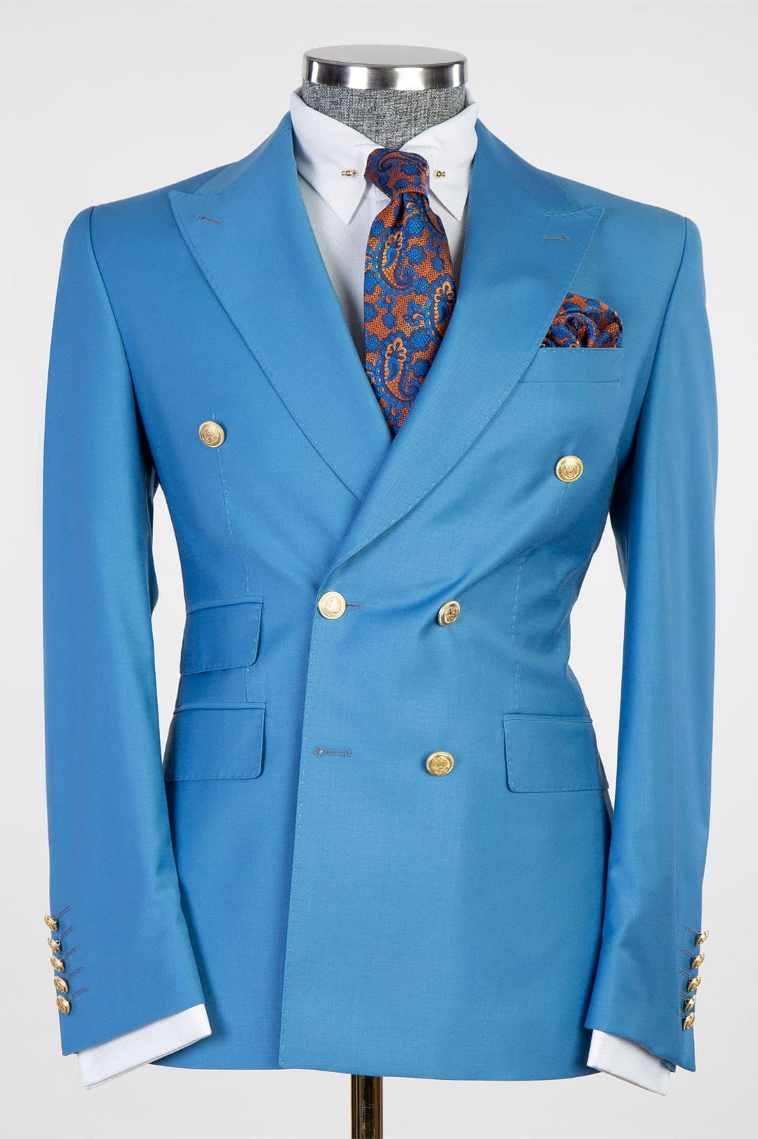 Modern Blue Double Breasted Peaked Lapel Business Men Suits