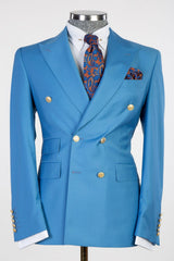Modern Blue Double Breasted Peaked Lapel Business Men Suits