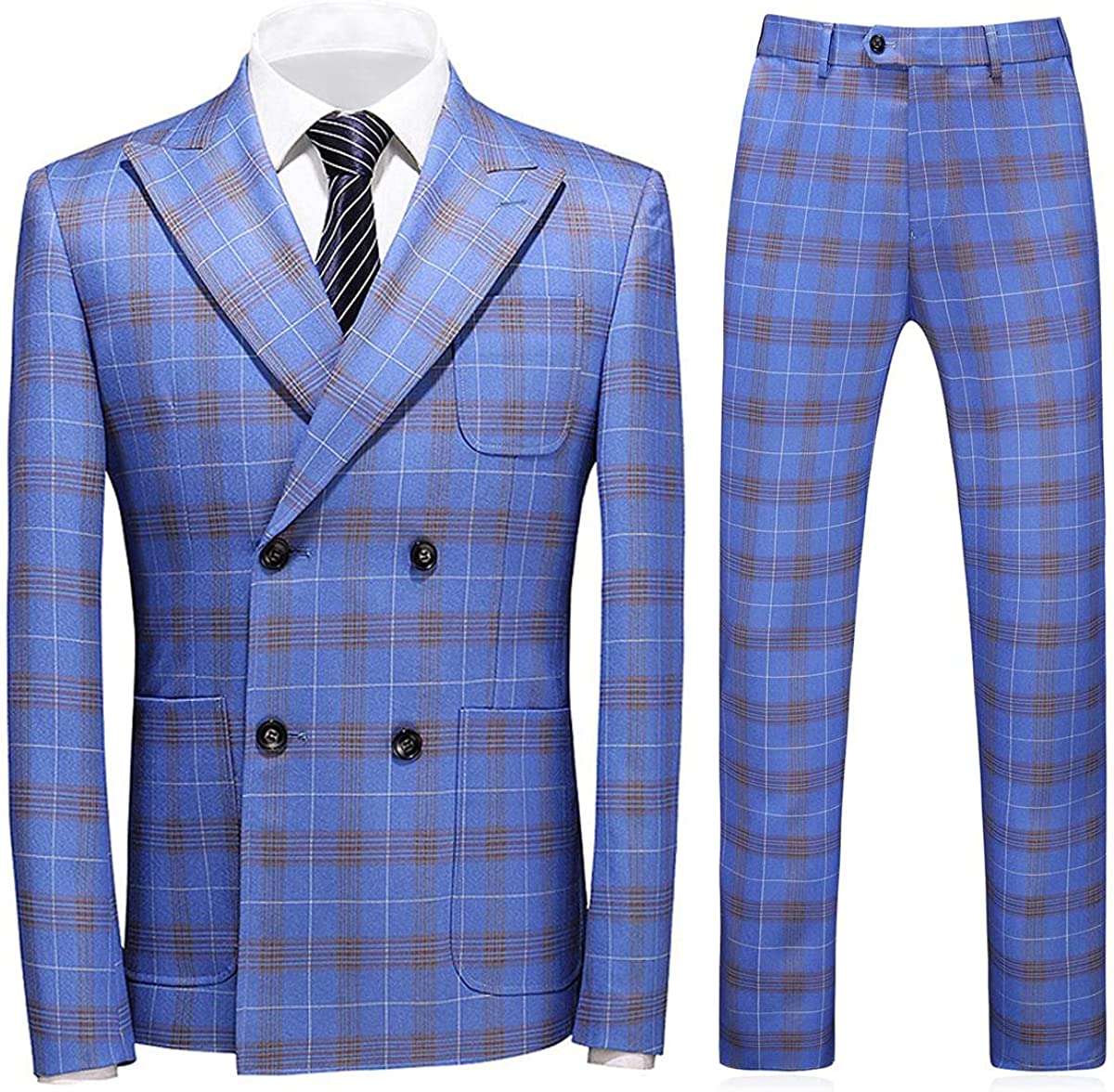Modern Double Breasted Plaid Mens Blue Prom Suits
