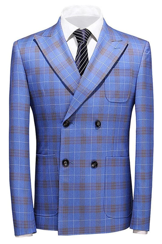 Modern Double Breasted Plaid Mens Blue Prom Suits