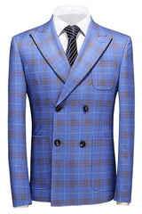 Modern Double Breasted Plaid Mens Blue Prom Suits