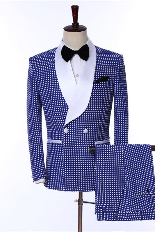 Modern Shawl Lapel Two Pieces Dot Blue Wedding Suits
