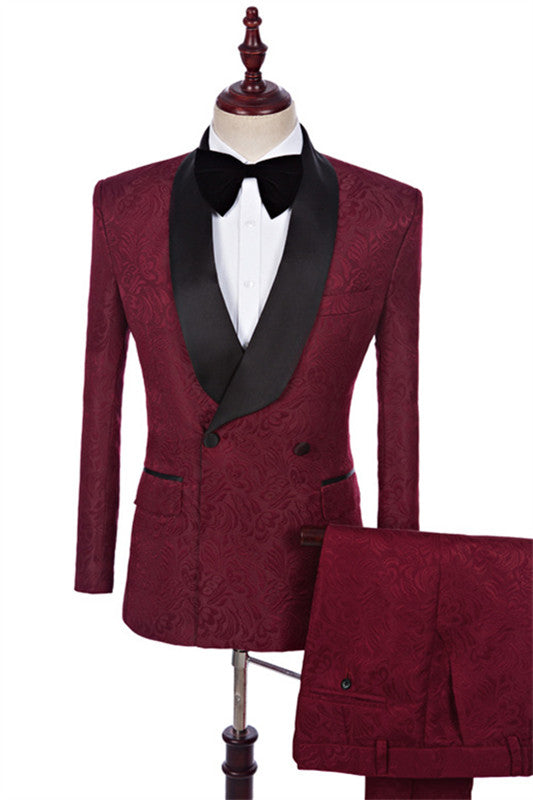 Modern Burgundy Shawl Lapel Jacquard Two Pieces Men Suits For Wedding