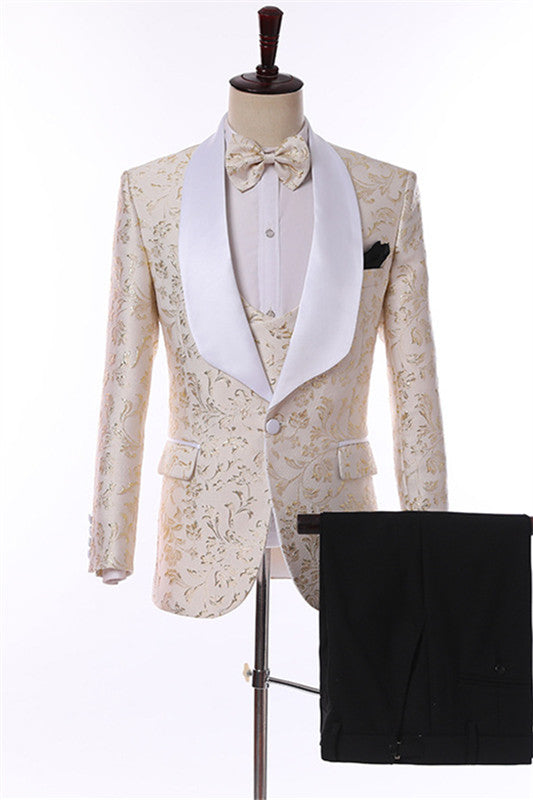 Modern Champagne Jacquard Three Pieces Wedding Suits