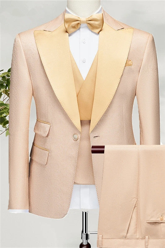 Modern Champagne Peaked Lapel Three Pieces Prom Suits