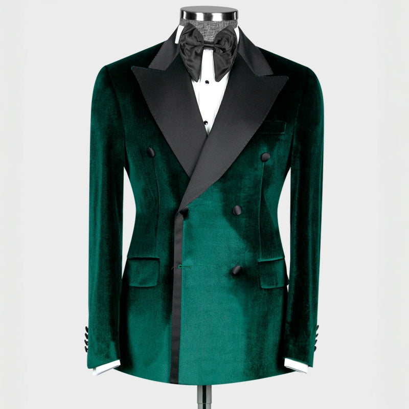 Modern Dark Peaked Lapel Double Breasted Velvet Green Prom Suits