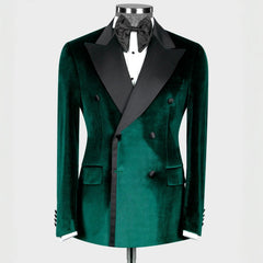 Modern Dark Peaked Lapel Double Breasted Velvet Green Prom Suits