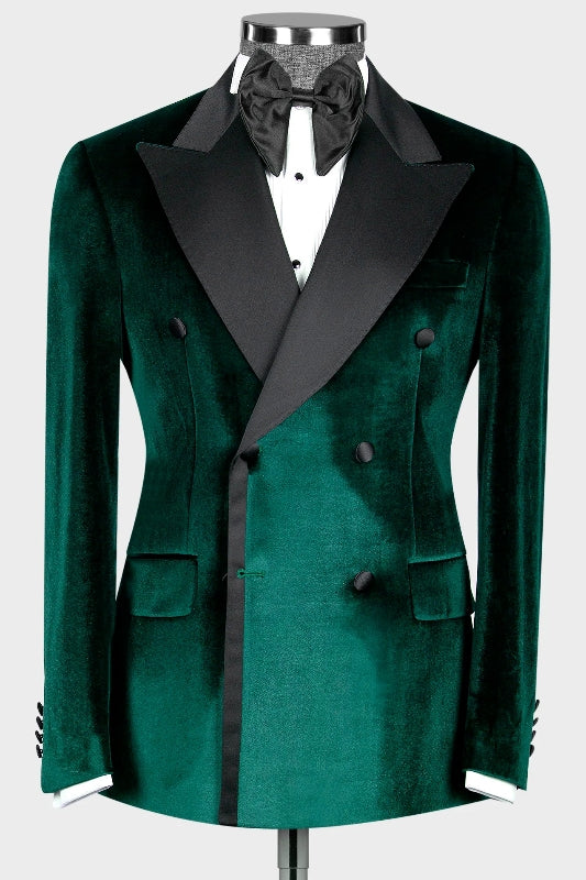 Modern Dark Peaked Lapel Double Breasted Velvet Green Prom Suits