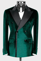 Modern Dark Peaked Lapel Double Breasted Velvet Green Prom Suits