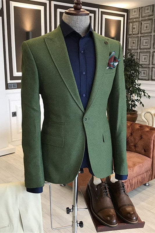 Modern Deep Green Peaked Lapel Men Suits For Prom