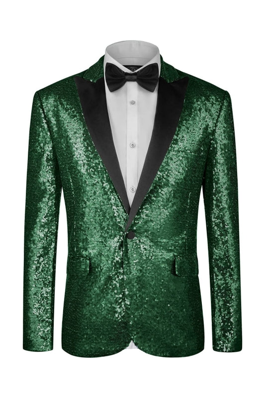 Modern Deep Green Peaked Lapel Sequins Men Suits For Prom
