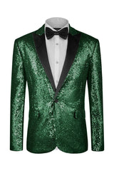 Modern Deep Green Peaked Lapel Sequins Men Suits For Prom