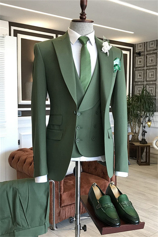 Modern Deep Sage Peaked Lapel Three Pieces Prom Suits