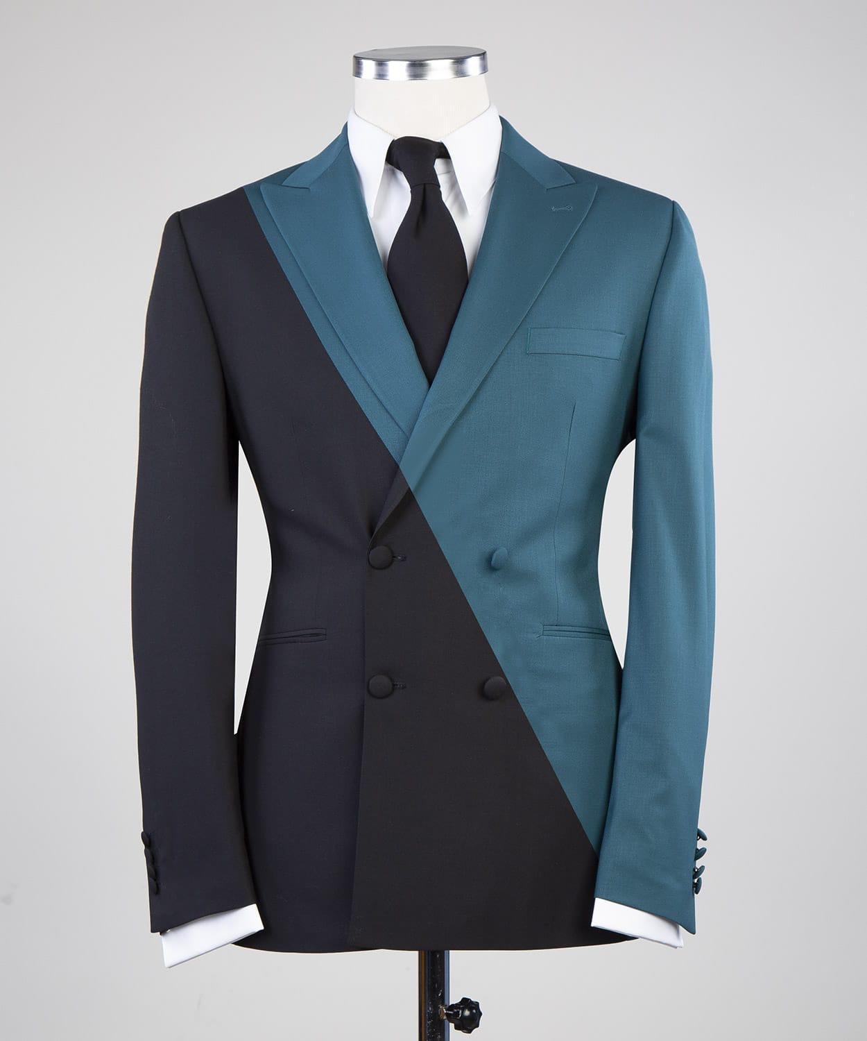 Modern Dusty Blue And Black Double Breasted Peaked Lapel Men Suits for Prom