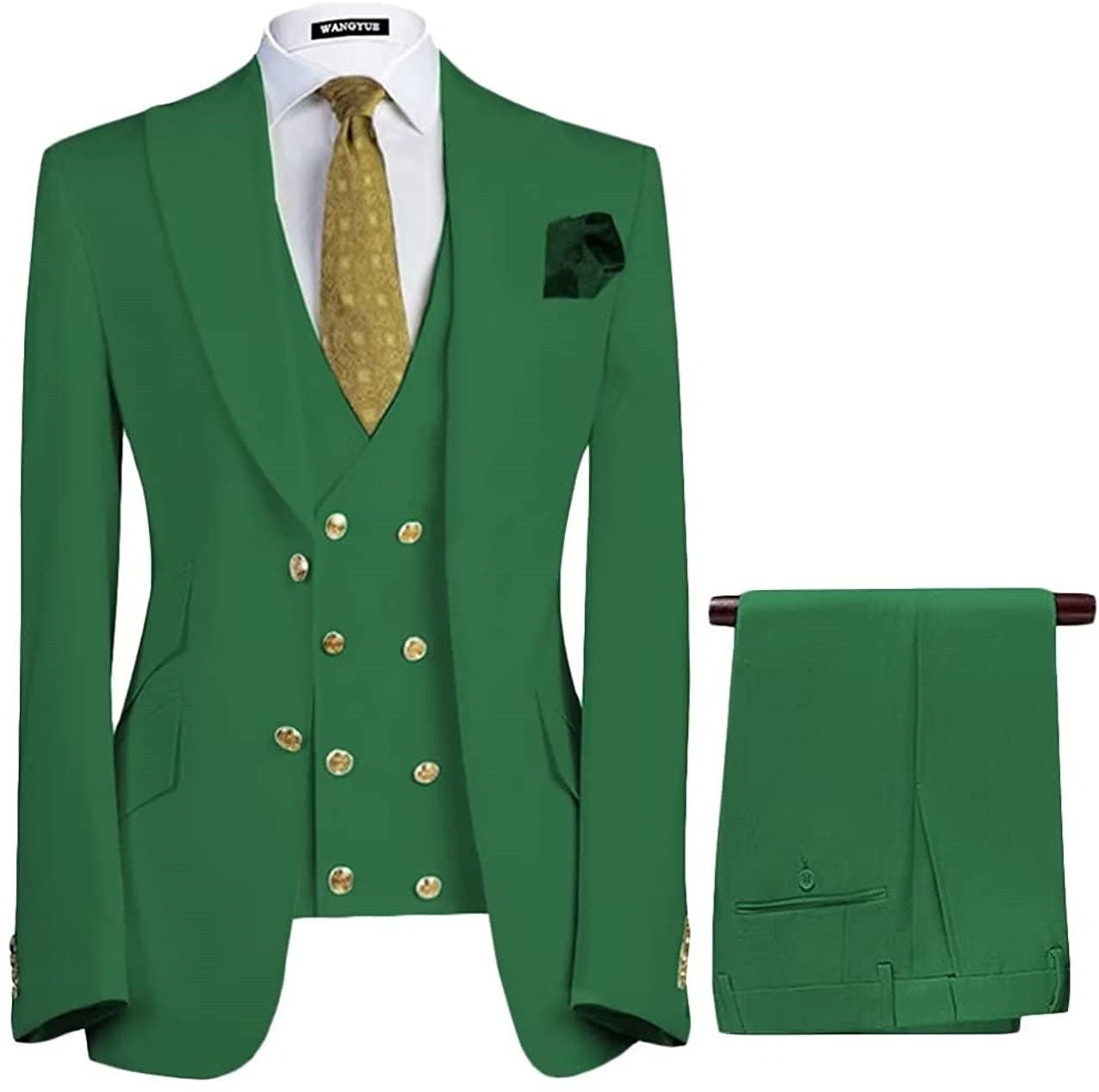 Modern Emerald Peaked Lapel Three Pieces Green Prom Suits For Men