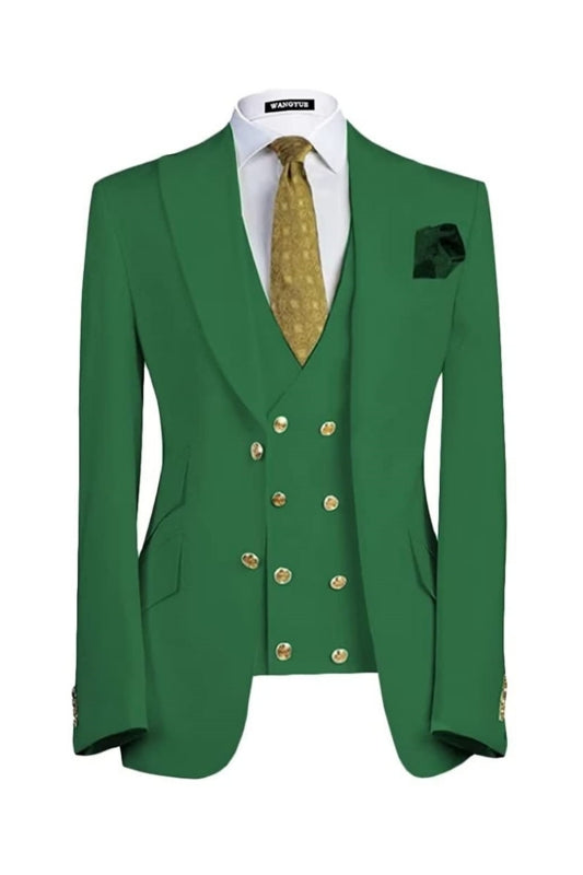 Modern Emerald Peaked Lapel Three Pieces Green Prom Suits For Men