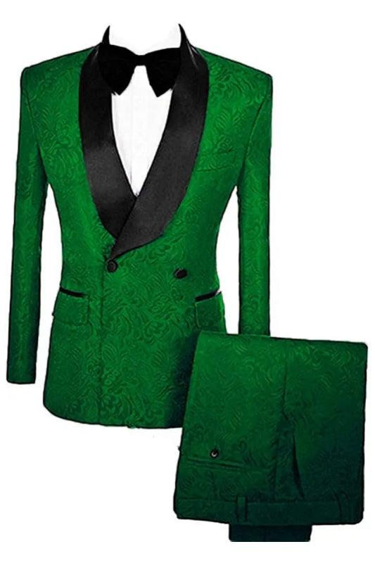 Modern Double Breasted Jacquard Green Wedding Suits With Velvet Lapel
