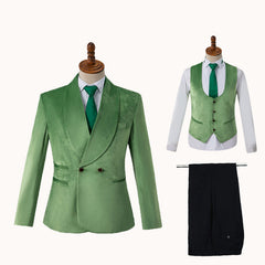 Modern Shawl Lapel Double Breasted Velvet Green Wedding Suits
