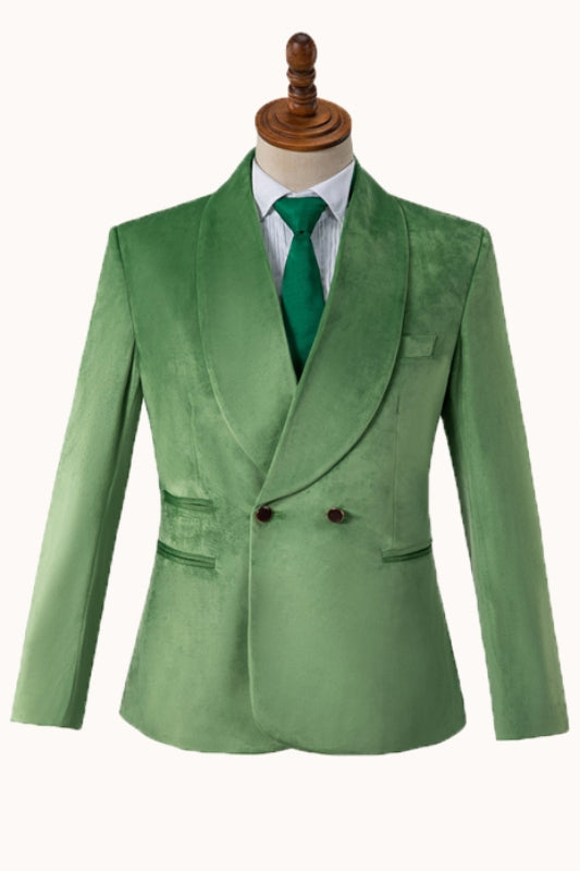 Modern Shawl Lapel Double Breasted Velvet Green Wedding Suits
