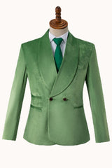 Modern Shawl Lapel Double Breasted Velvet Green Wedding Suits