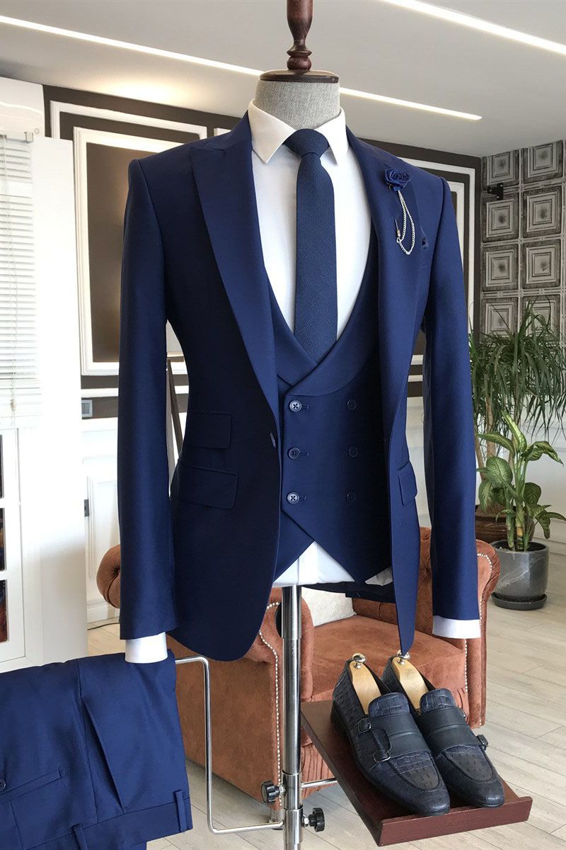 Modern Navy Blue 3-Pieces Peaked Lapel Slim Fit Business Men Suits