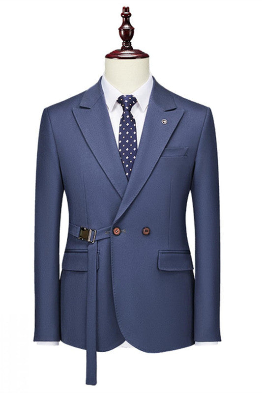 Modern Double Breasted Peaked Lapel Navy Blue Prom Suits For Men