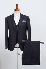 Modern Navy Blue Striped 3 Pieces Slim Fit Bespoke Business Suit
