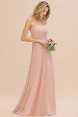 Modern Pink Long Chiffon A-line Open Back Bridesmaid Dress-27Dress