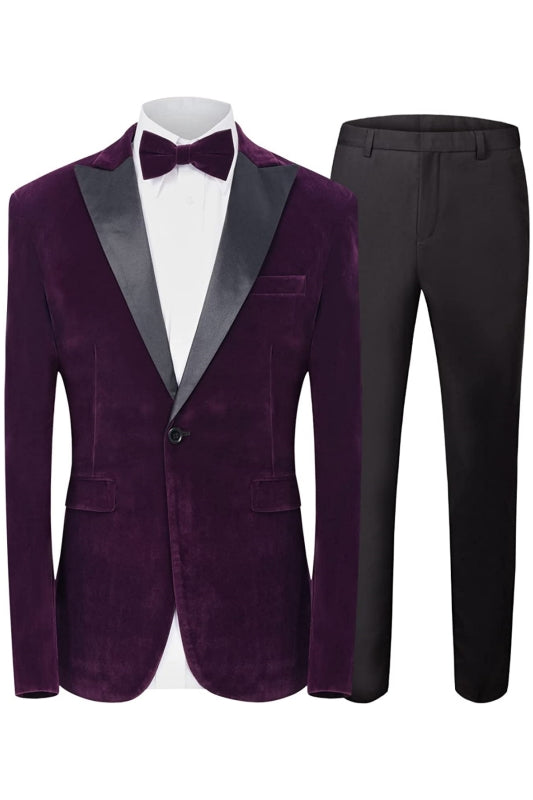 Modern Purple Peaked Lapel Two Pieces Velvet Men Suits For Prom