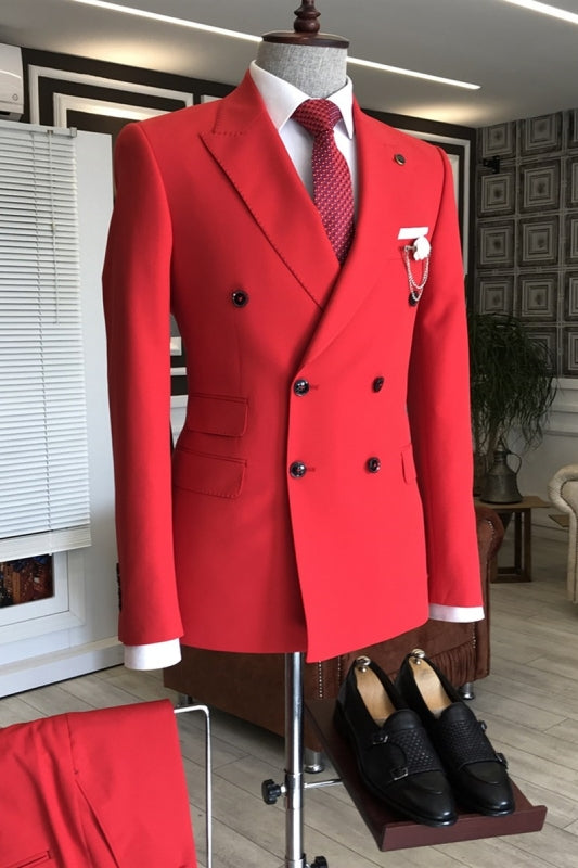 Modern Peaked Lapel Double Breasted Red Prom Suits