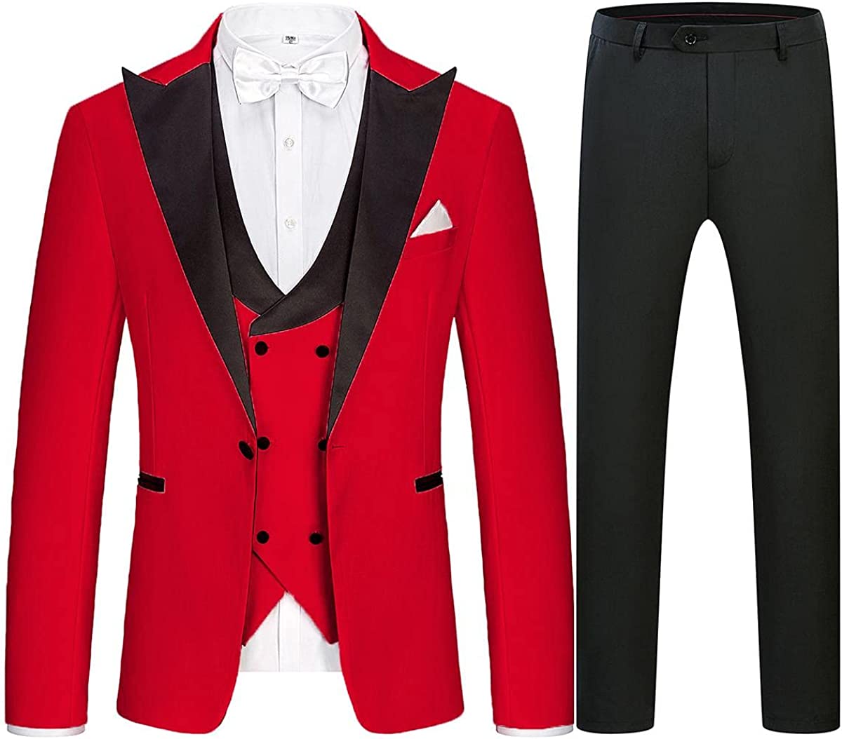 Modern Red Peaked Lapel Three Pieces Men Suits For Prom