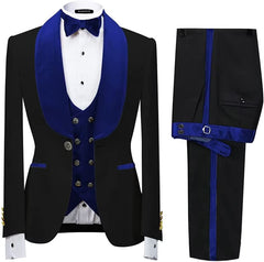 Modern Royal Shawl Lapel Three Pieces Velvet Blue Wedding Suits