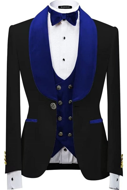 Modern Royal Shawl Lapel Three Pieces Velvet Blue Wedding Suits