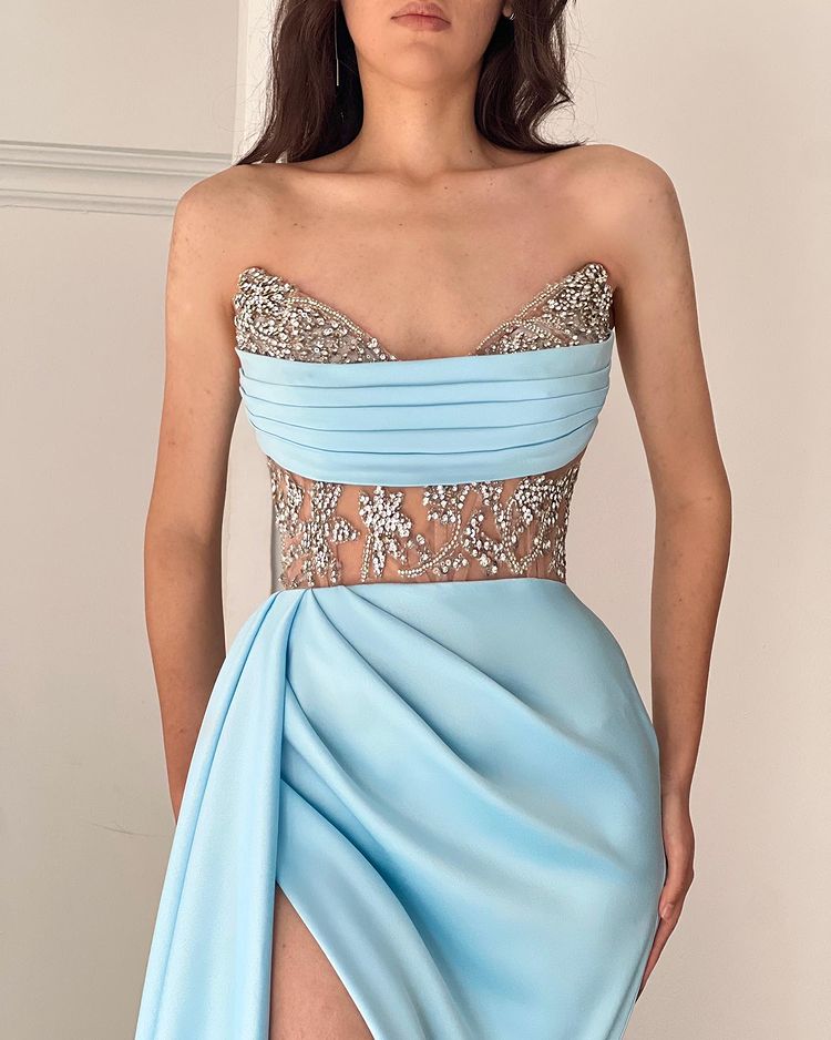 Modern Sky Blue Strapless Mermaid Prom Dress Split With Beading