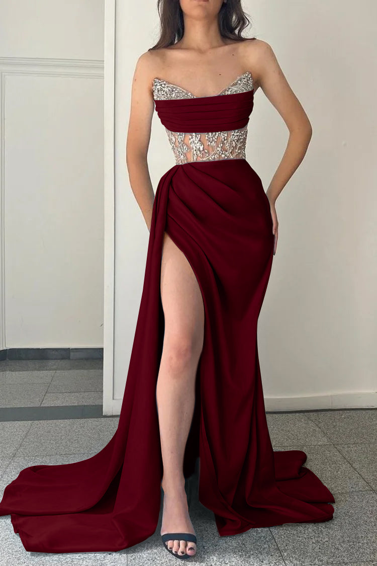 Modern Sky Blue Strapless Mermaid Prom Dress Split With Beading