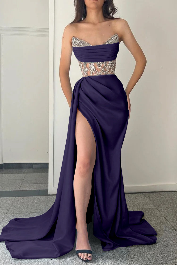 Modern Sky Blue Strapless Mermaid Prom Dress Split With Beading