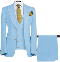 Modern Sky Blue Three Pieces Peaked Lapel Men Suits For Prom