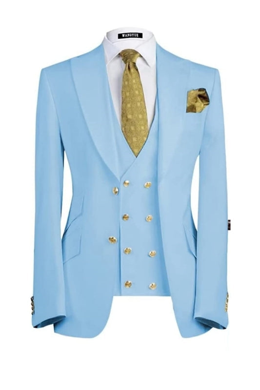 Modern Sky Blue Three Pieces Peaked Lapel Men Suits For Prom