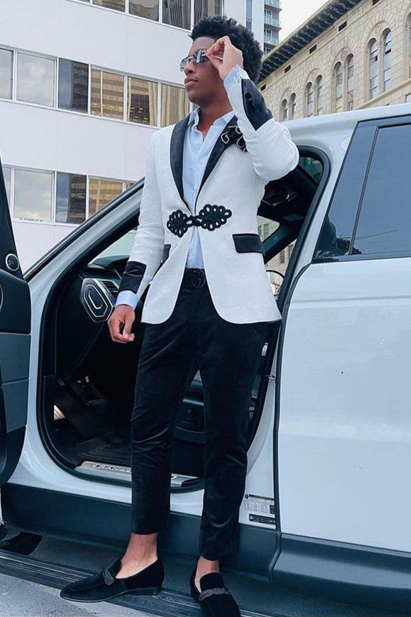 Modern White Jacquard Shawl Lapel Bespoke Men Prom Suit