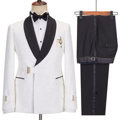 Modern Jacquard Shawl Lapel White Wedding Suits with Gold Buckle