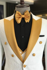 Modern Three Pieces Jacquard White Wedding Suits With Yellow Peaked Lapel