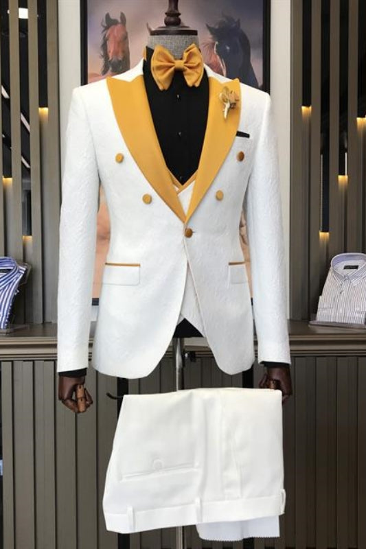 Modern Three Pieces Jacquard White Wedding Suits With Yellow Peaked Lapel