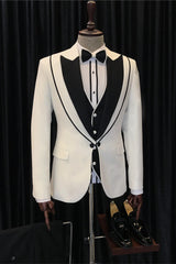 Modern White Three Pieces Peaked Lapel Fashion Men Wedding Suit