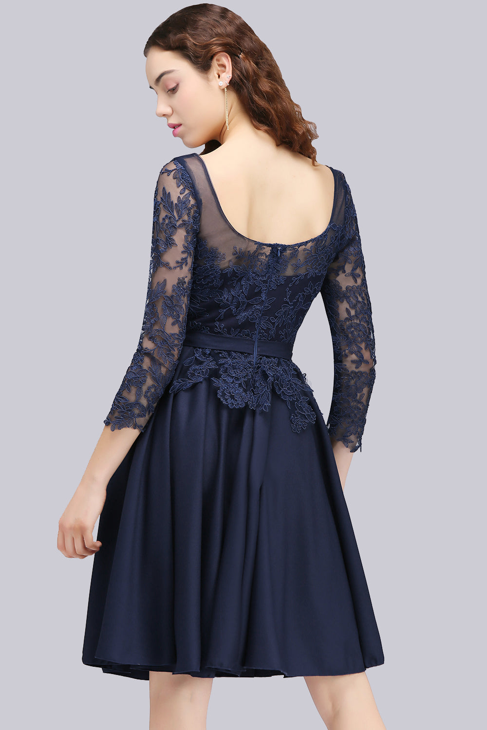 Load image into Gallery viewer, Modest 3/4 Sleeves Short Navy Lace Bridesmaid Dresses with Appliques-27dress
