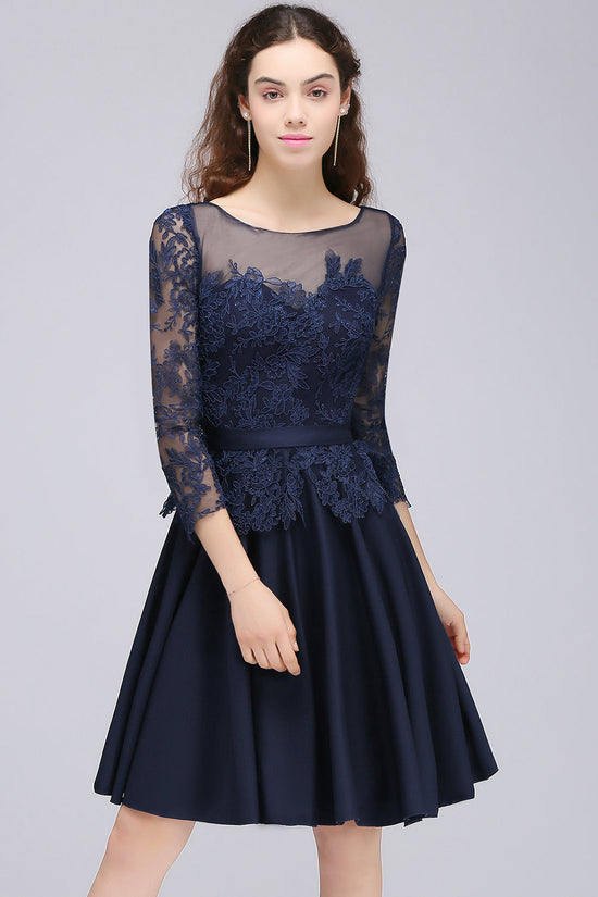 Load image into Gallery viewer, Modest 3/4 Sleeves Short Navy Lace Bridesmaid Dresses with Appliques-27dress
