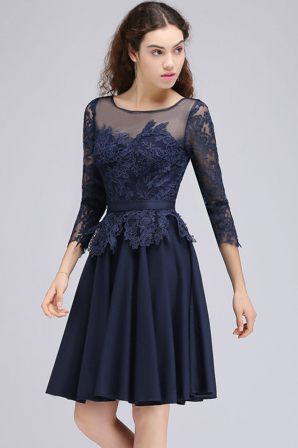 Modest 3/4 Sleeves Short Navy Lace Bridesmaid Dresses with Appliques-27dress