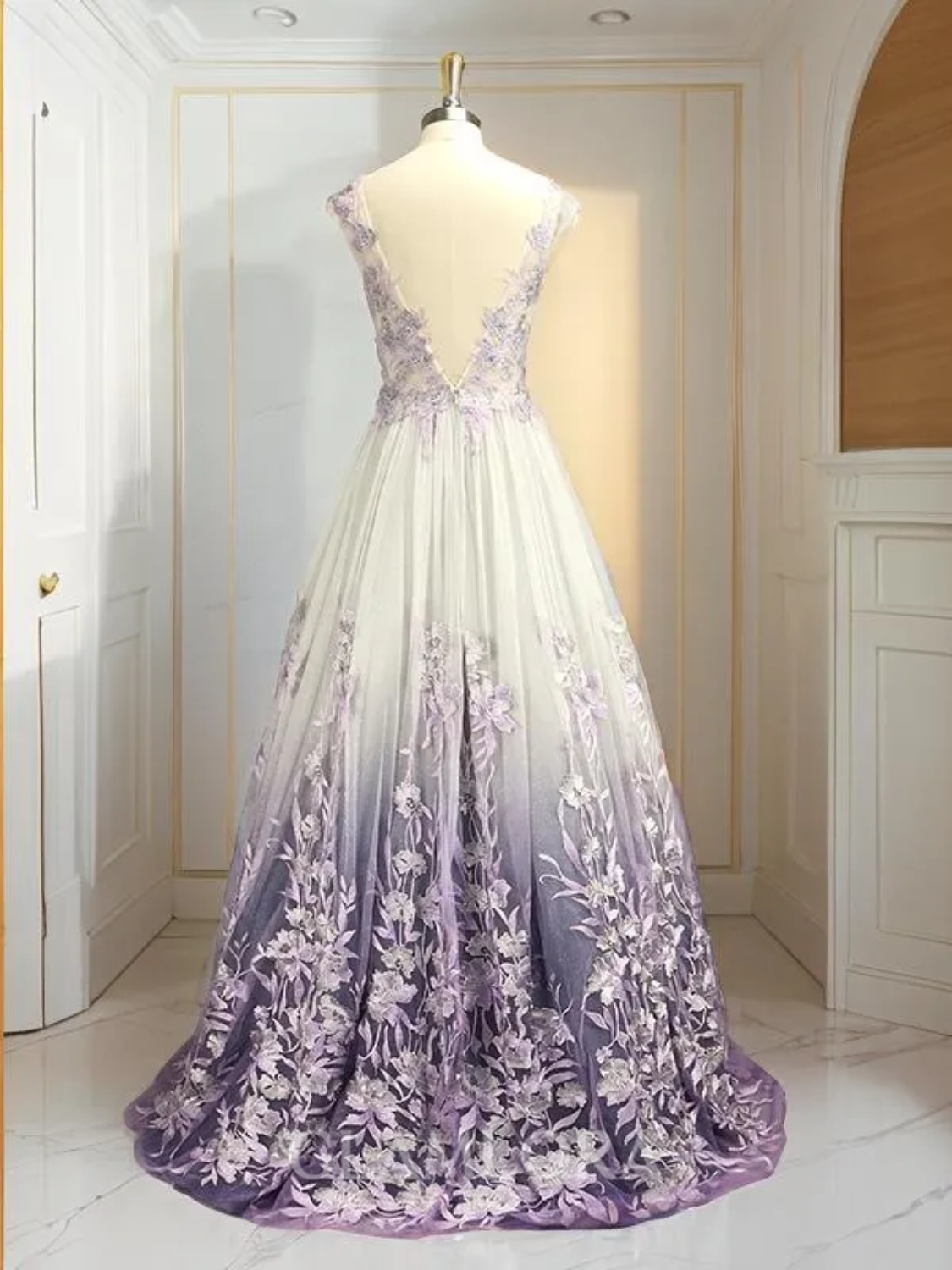 Modest A-line V-Neck  Floor-Length Tulle Dress With Applique-27dress